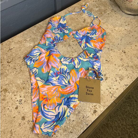 Stone Fox One Piece Riva Tropical Lily Blue Floral Halter Cut Out XS Swim Suit - Picture 3 of 5